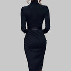 Long Sleeve Midi Dress - Collar Belted Sheath Design - Elegant for Office and Evening Wear