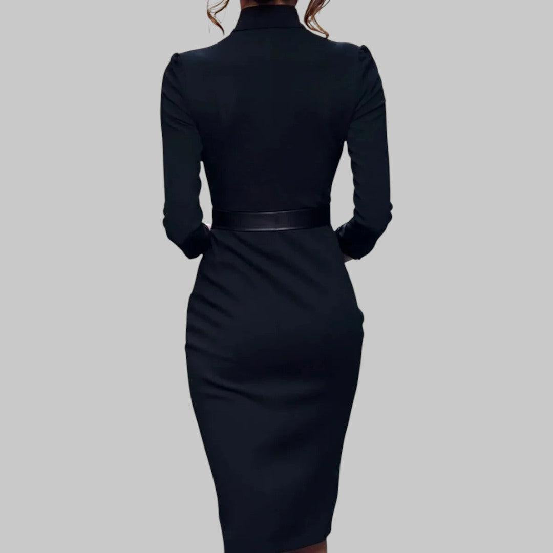 Long Sleeve Midi Dress - Collar Belted Sheath Design - Elegant for Office and Evening Wear