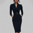 Long Sleeve Midi Dress - Collar Belted Sheath Design - Elegant for Office and Evening Wear