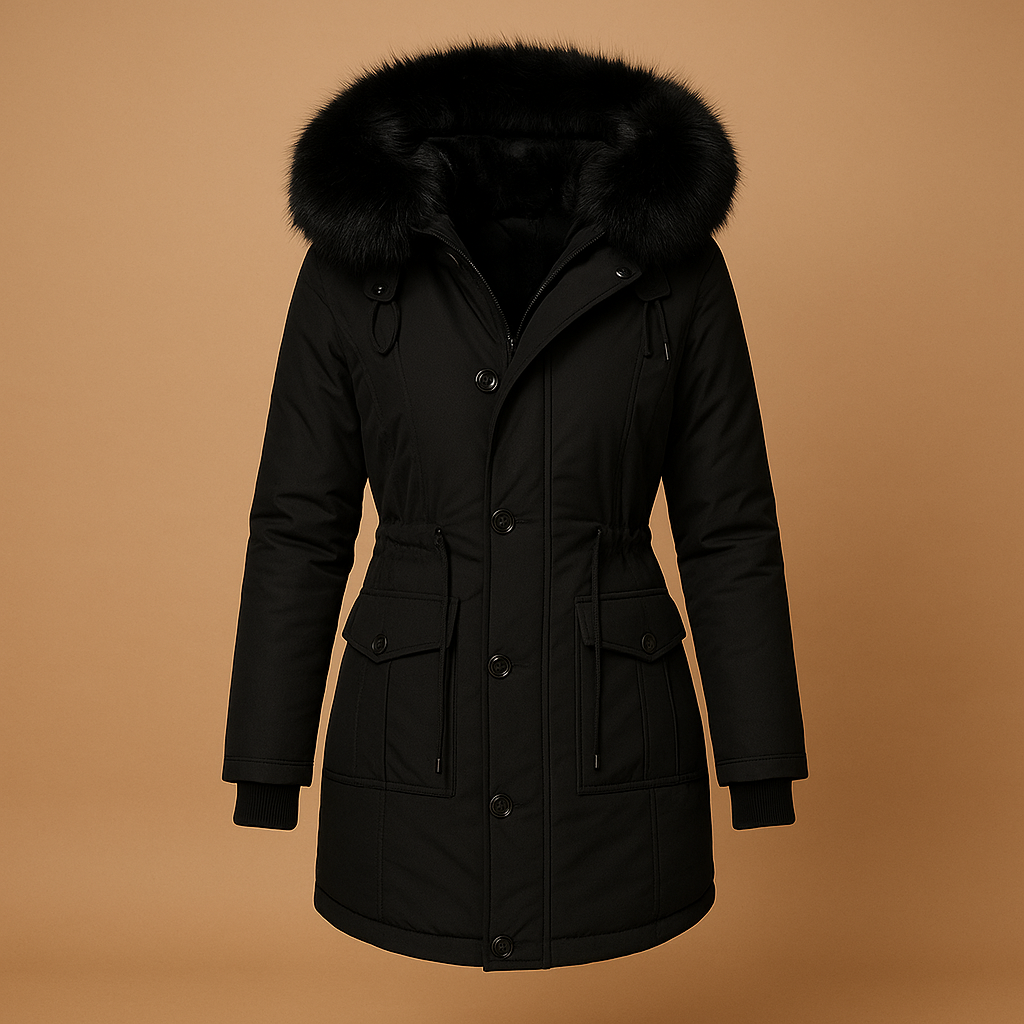Long Waterproof Winter Coat for Women with Faux Fur Hood - Stylish and Warm Outerwear for Cold Weather Black
