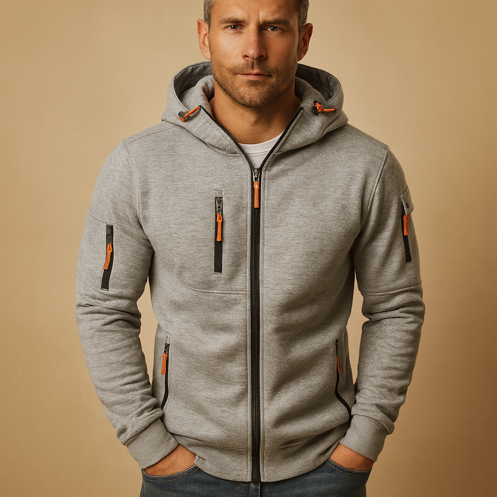 Men's Adjustable Hood Zip Hoodie - Comfortable Cotton Blend Casual Wear