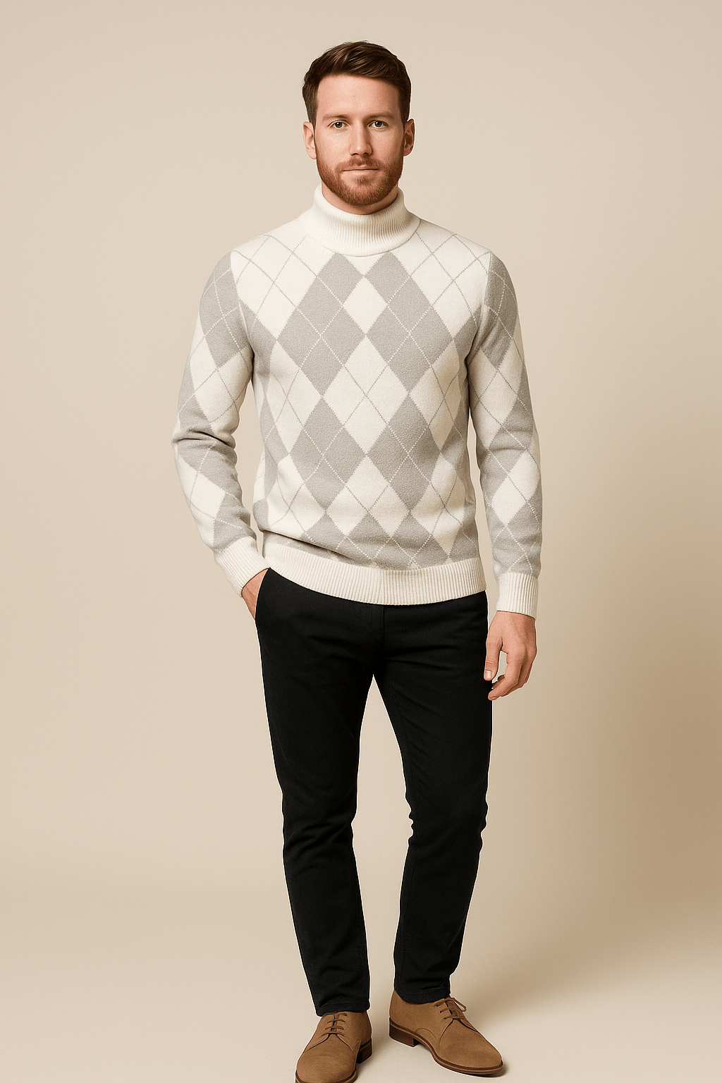 Men's Argyle Crew Neck Sweater - Knitted with Classic Diamond Pattern Grey