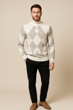 Men's Argyle Crew Neck Sweater - Knitted with Classic Diamond Pattern Grey