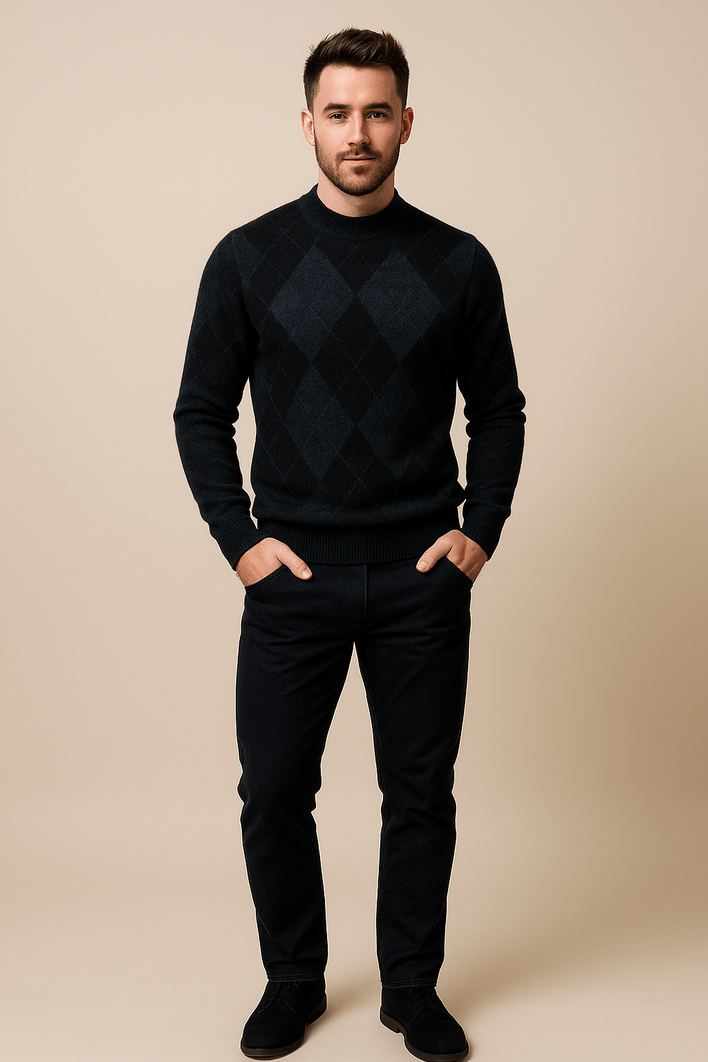 Men's Argyle Crew Neck Sweater - Knitted with Classic Diamond Pattern Black