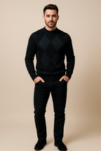Men's Argyle Crew Neck Sweater - Knitted with Classic Diamond Pattern Black