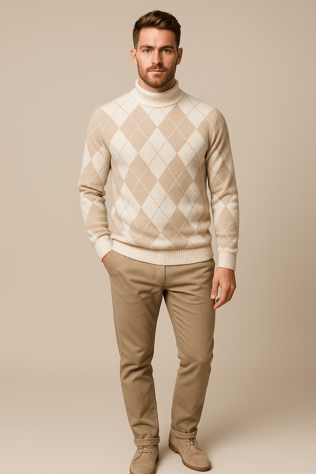 Men's Argyle Crew Neck Sweater - Knitted with Classic Diamond Pattern Beige