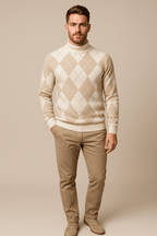 Men's Argyle Crew Neck Sweater - Knitted with Classic Diamond Pattern Beige
