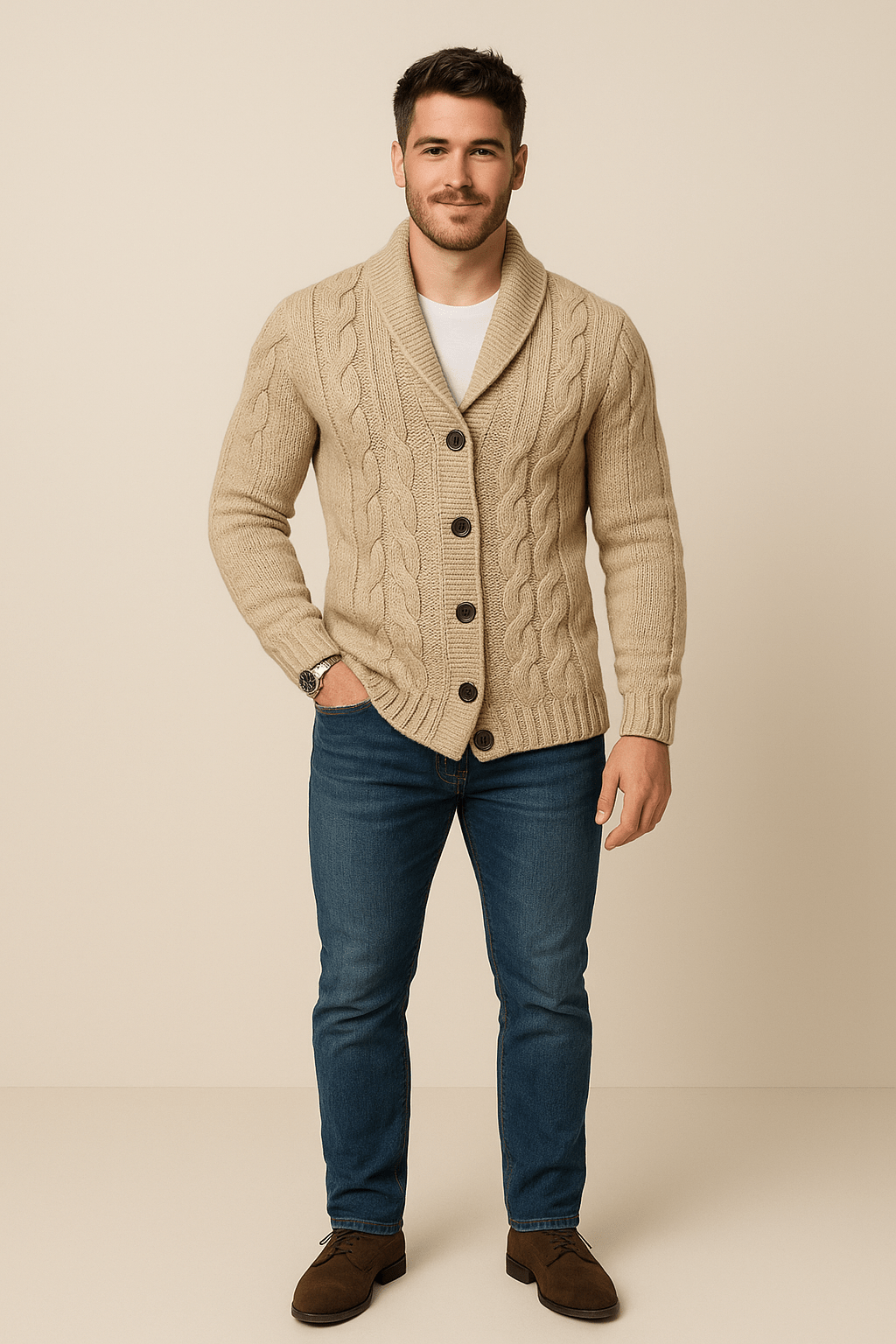 Men's Cable Knit Shawl Collar Cardigan - Wool Blend Knitwear for Casual or Formal Wear Beige