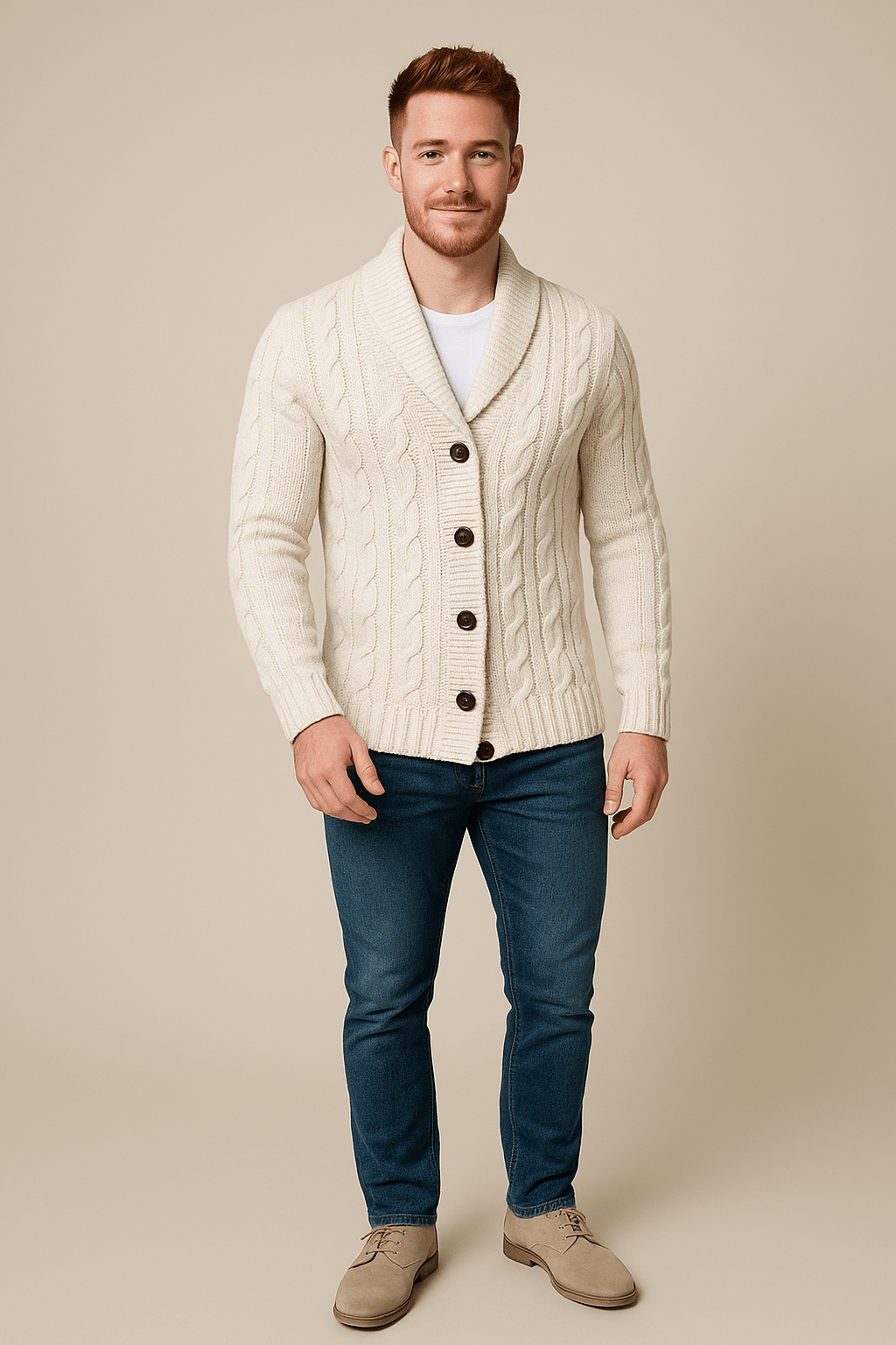 Men's Cable Knit Shawl Collar Cardigan - Wool Blend Knitwear for Casual or Formal Wear White