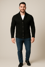 Men's Cable Knit Shawl Collar Cardigan - Wool Blend Knitwear for Casual or Formal Wear Black