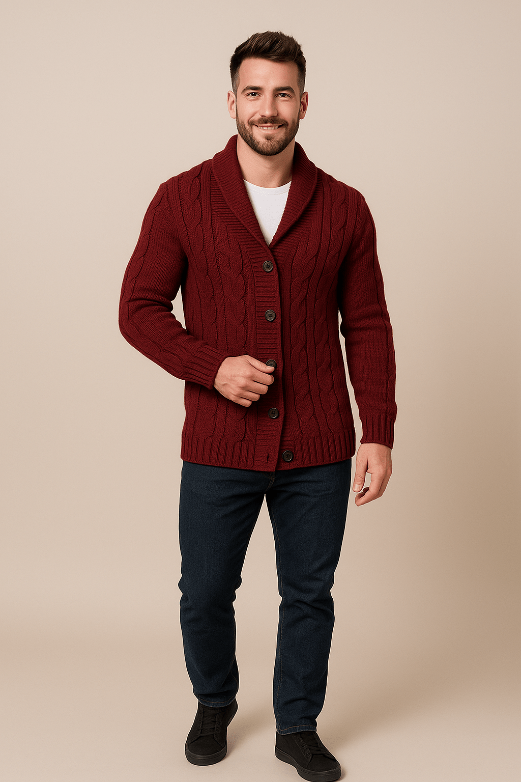Men's Cable Knit Shawl Collar Cardigan - Wool Blend Knitwear for Casual or Formal Wear Red