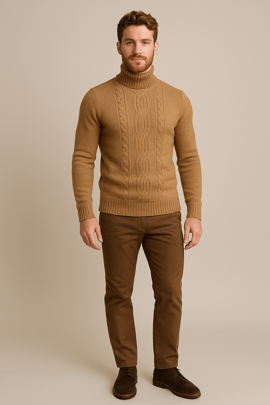 Men's Cable Knit Turtleneck Sweater in Soft Fabric with Ribbed Cuffs for Casual and Warm Winter Wear Brown