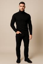 Men's Cable Knit Turtleneck Sweater in Soft Fabric with Ribbed Cuffs for Casual and Warm Winter Wear Black