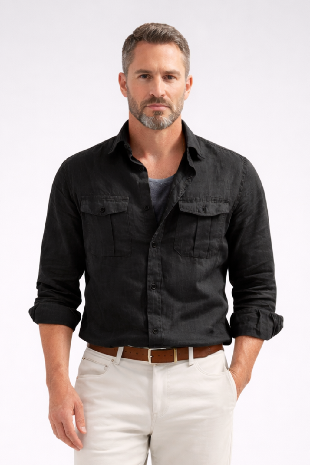 Men's Cotton Linen Long Sleeve Casual Shirt with Double Chest Pockets