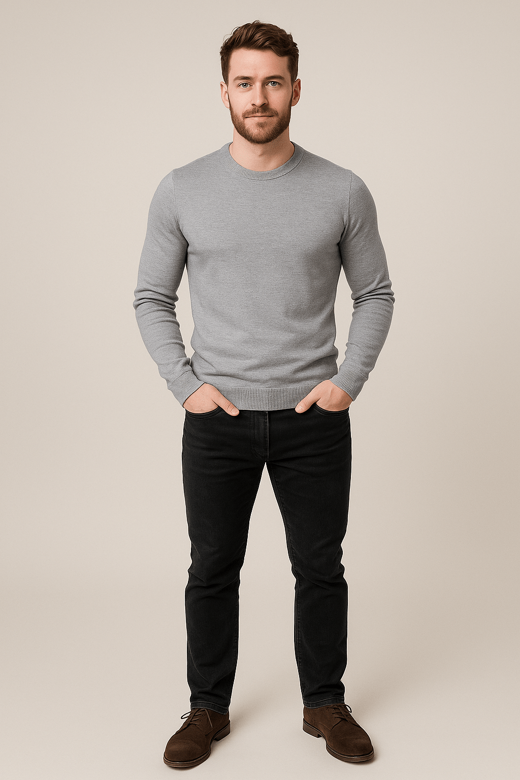 Men's Crew Neck Sweater - Soft Knit Fabric, Regular Fit, Casual Wear Grey