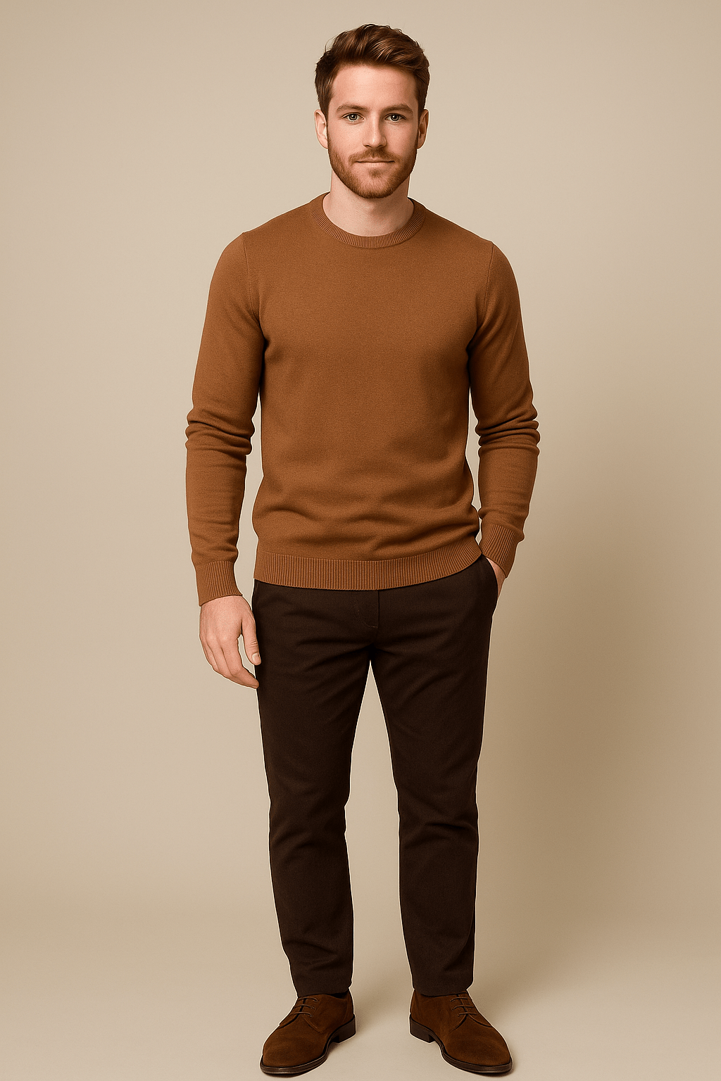 Men's Crew Neck Sweater - Soft Knit Fabric, Regular Fit, Casual Wear Brown