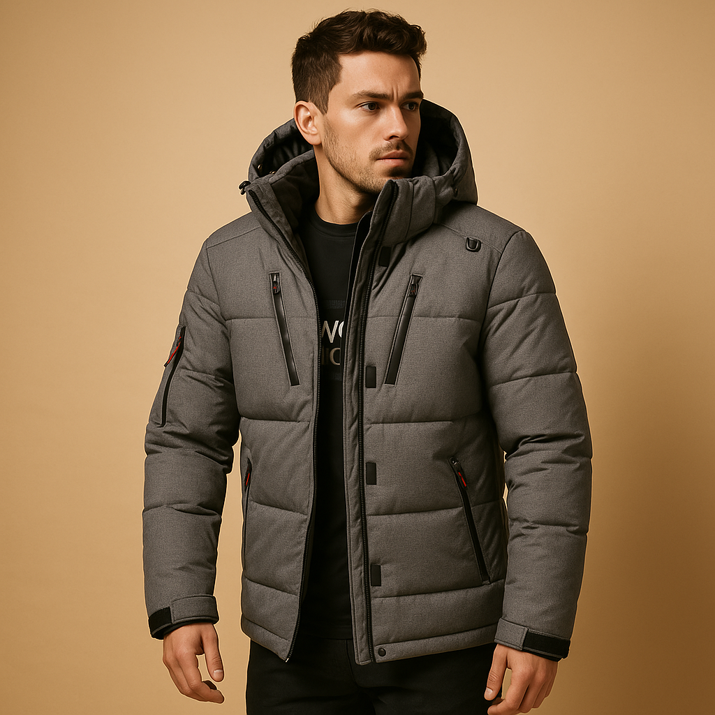 Men's Down Parka Jacket - Warm, Windproof Hooded Outerwear for Cold Weather Adventures Grey