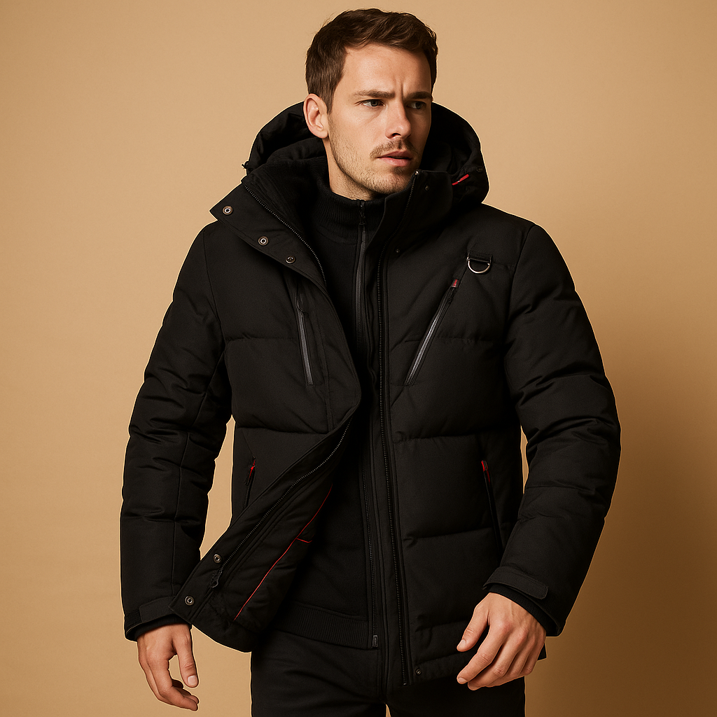 Men's Down Parka Jacket - Warm, Windproof Hooded Outerwear for Cold Weather Adventures Black