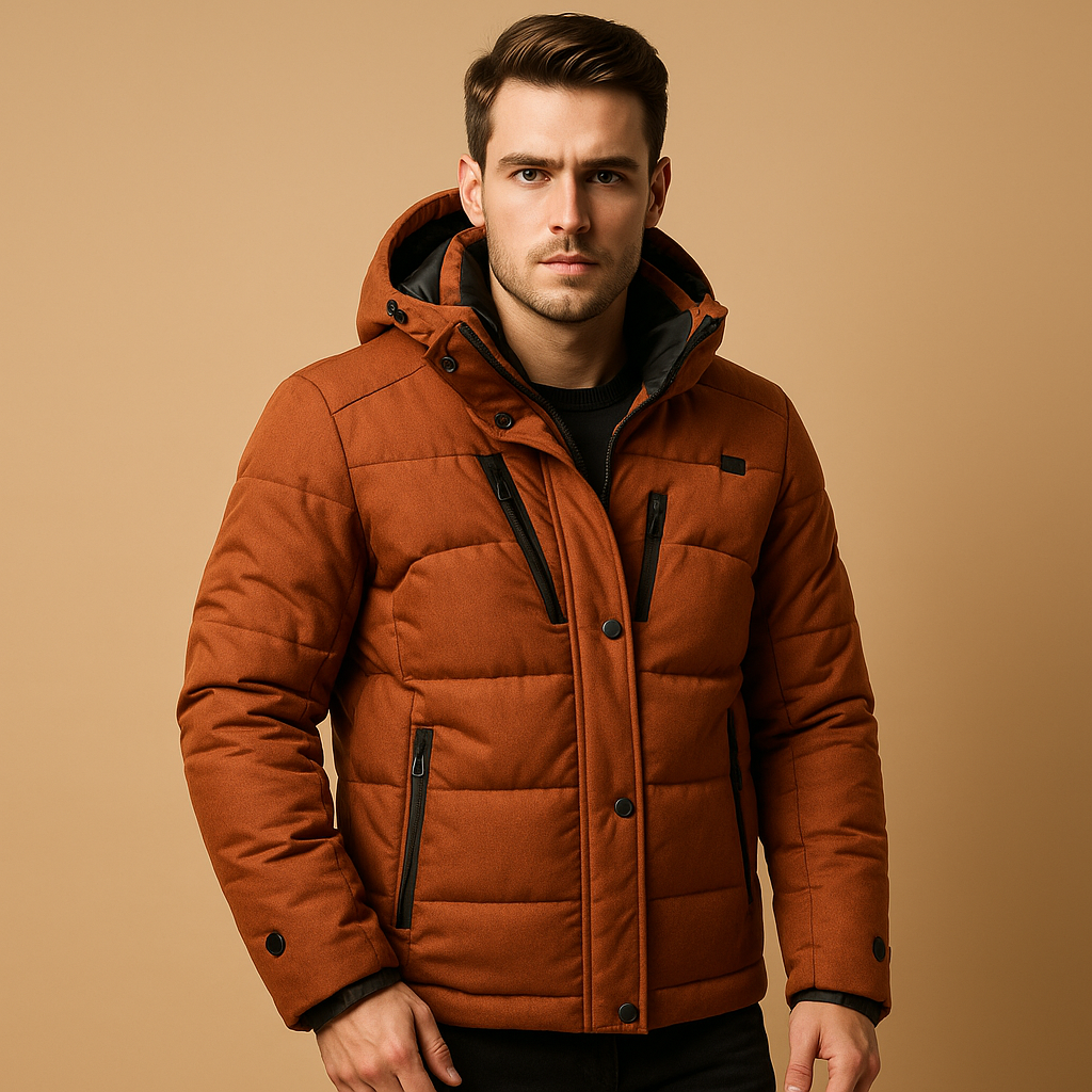 Men's Down Parka Jacket - Warm, Windproof Hooded Outerwear for Cold Weather Adventures Orange