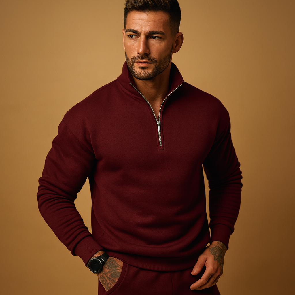 Men's Knitted Half Zip Jumper - Pullover Sweater for Autumn and Winter Wear Burgundy