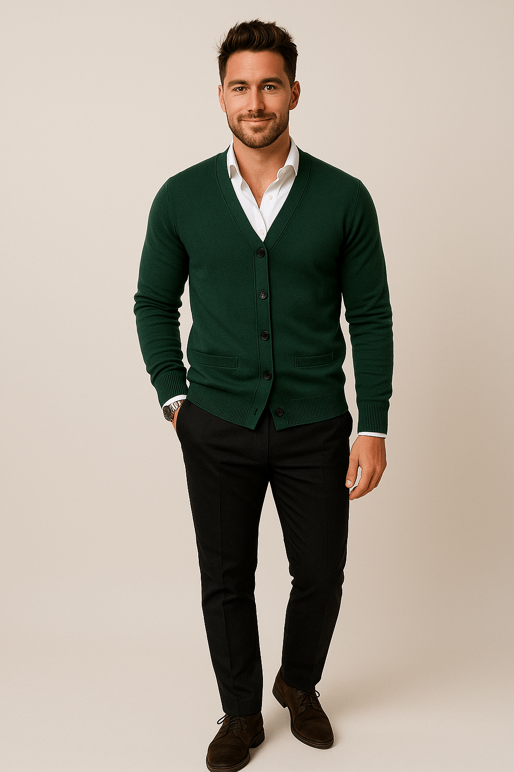 Men's Knitted V-Neck Cardigan - Tailored Fit, Ribbed Hem, Stylish Knitwear Green