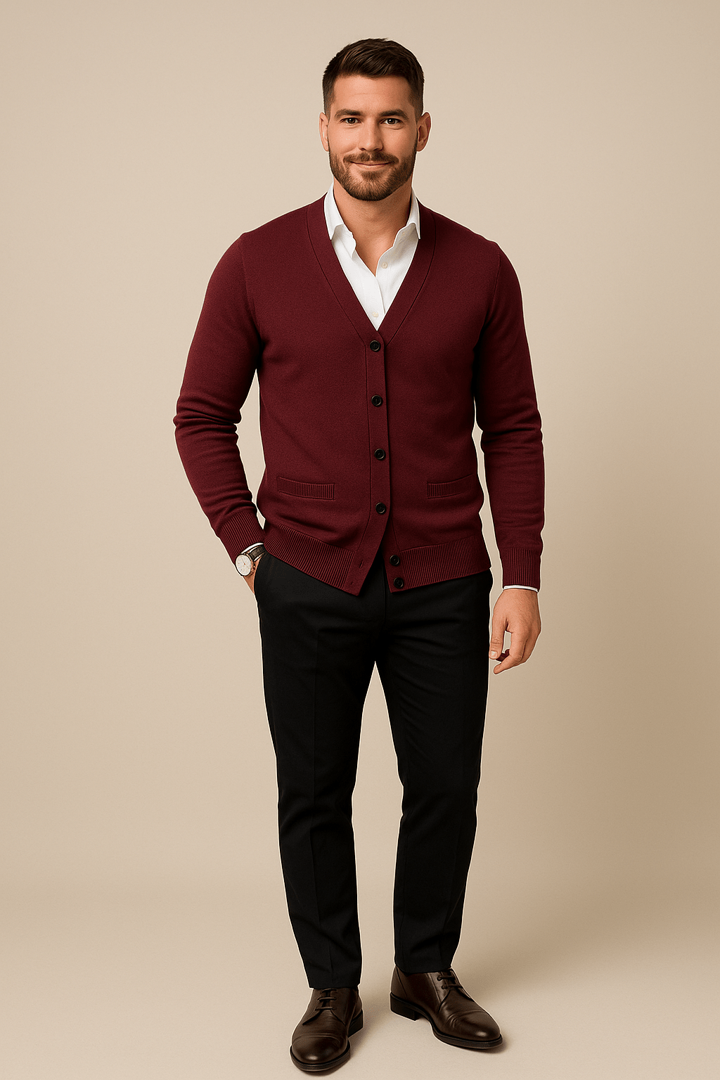 Men's Knitted V-Neck Cardigan - Tailored Fit, Ribbed Hem, Stylish Knitwear Wine Red