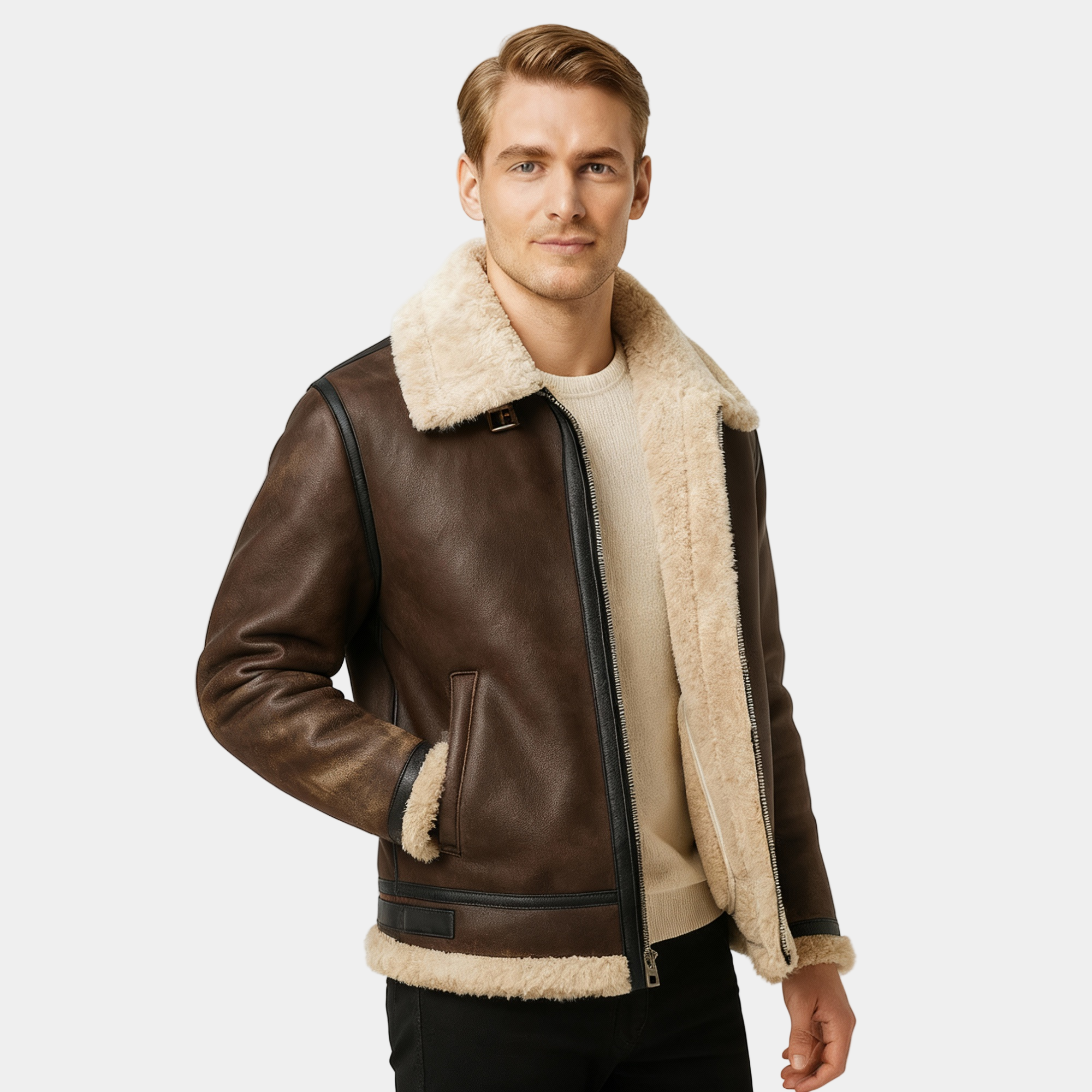 Men's Leather Aviator Jacket - Classic Design, Durable Genuine Leather, Perfect for Casual Wear and Outdoor Activities