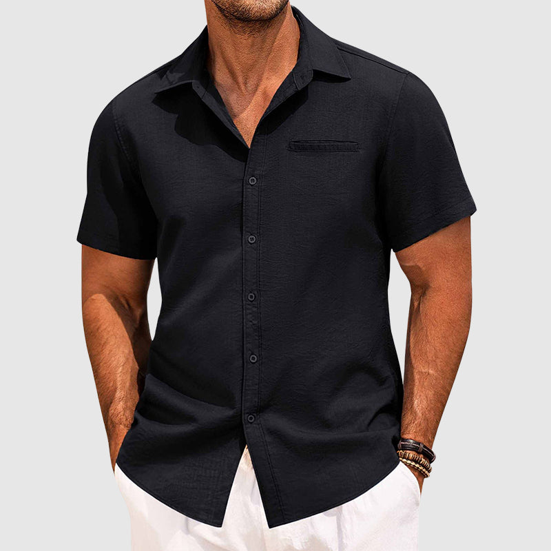 Men's Lightweight Polyester Short Sleeve Button-Down Shirt for Casual Summer Wear