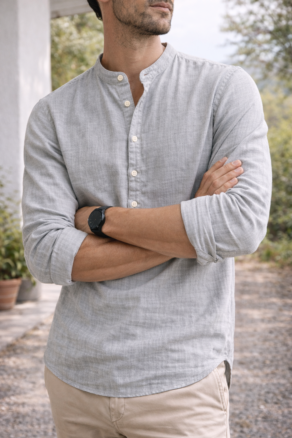 Men's Linen Grandad Collar Shirt - Casual Summer Wear in Lightweight Fabric