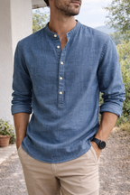 Men's Linen Grandad Collar Shirt - Casual Summer Wear in Lightweight Fabric