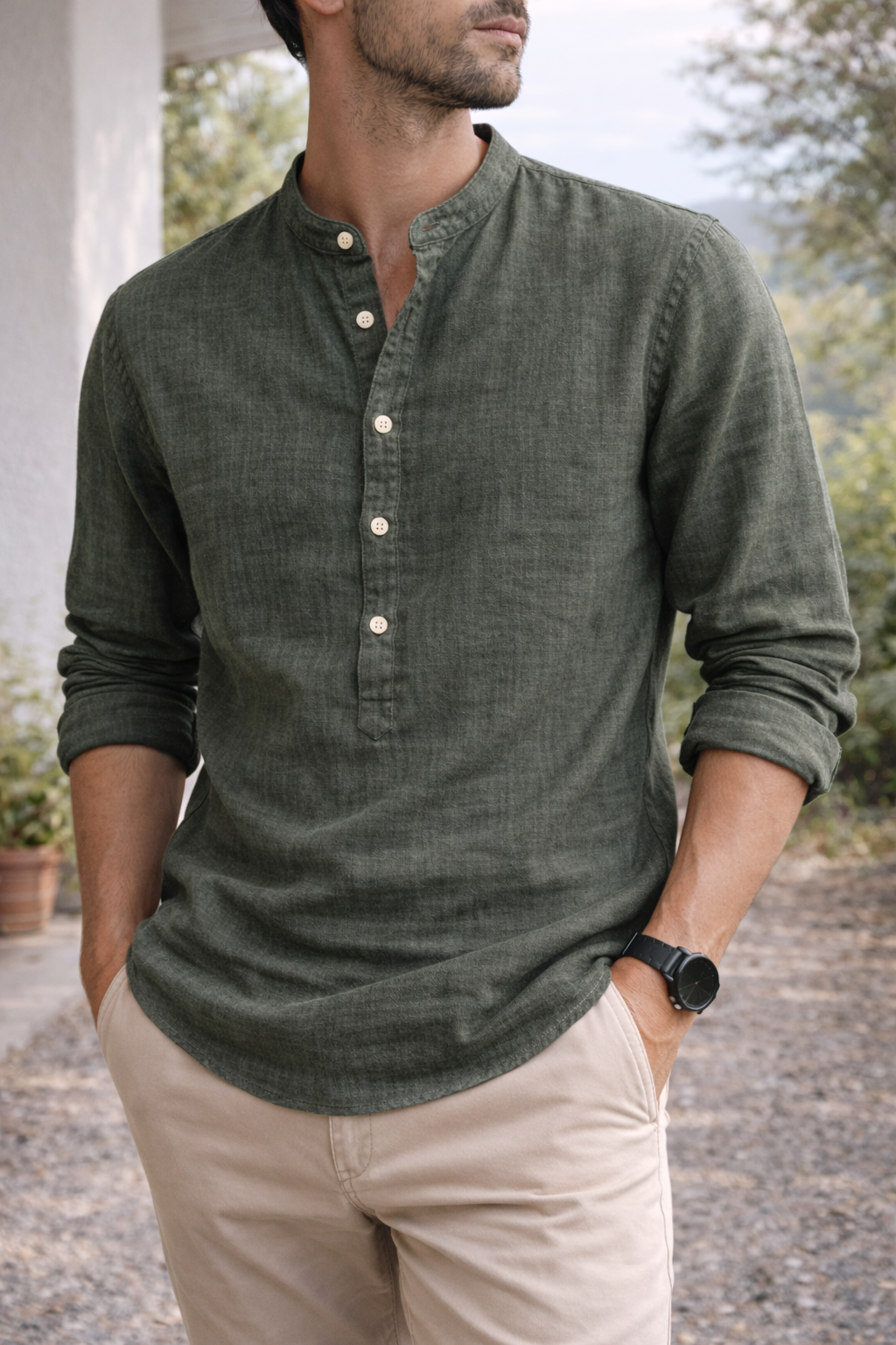 Men's Linen Grandad Collar Shirt - Casual Summer Wear in Lightweight Fabric