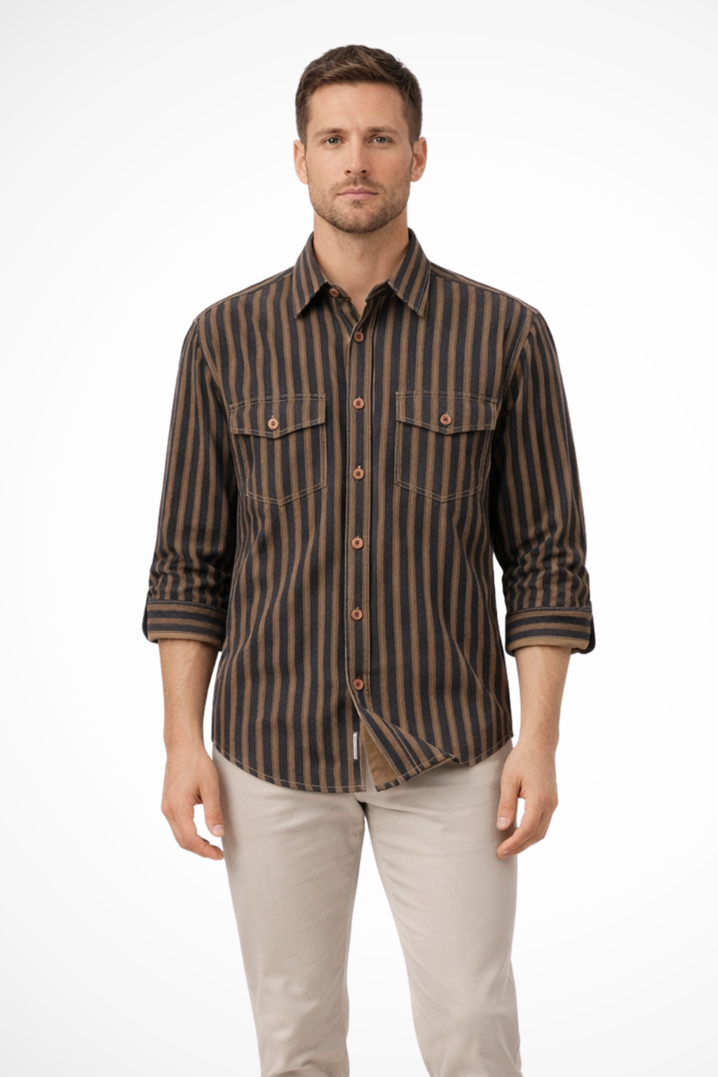 Men's Loose Fit Long Sleeve Washed Striped Shirt for Casual Wear