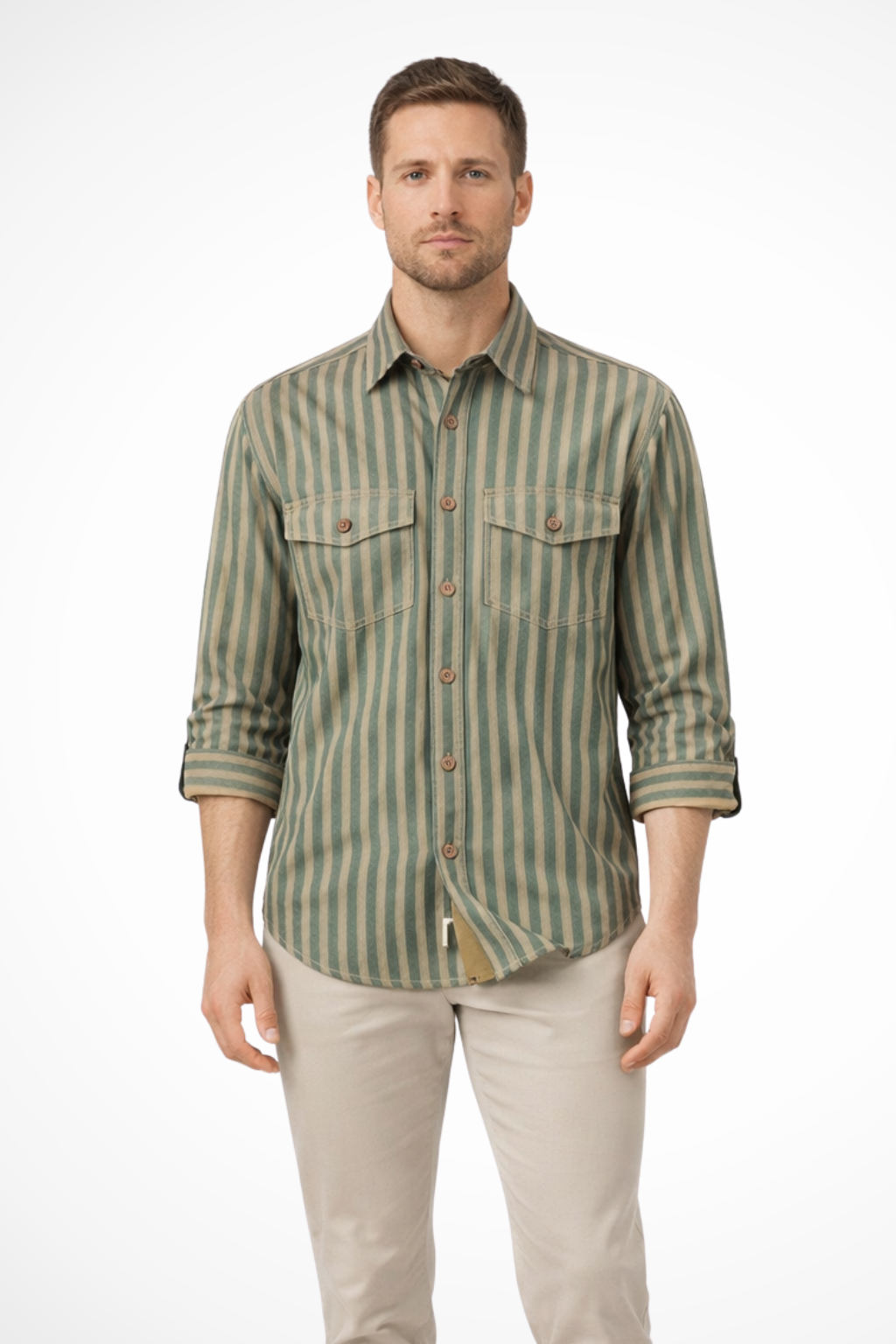 Men's Loose Fit Long Sleeve Washed Striped Shirt for Casual Wear