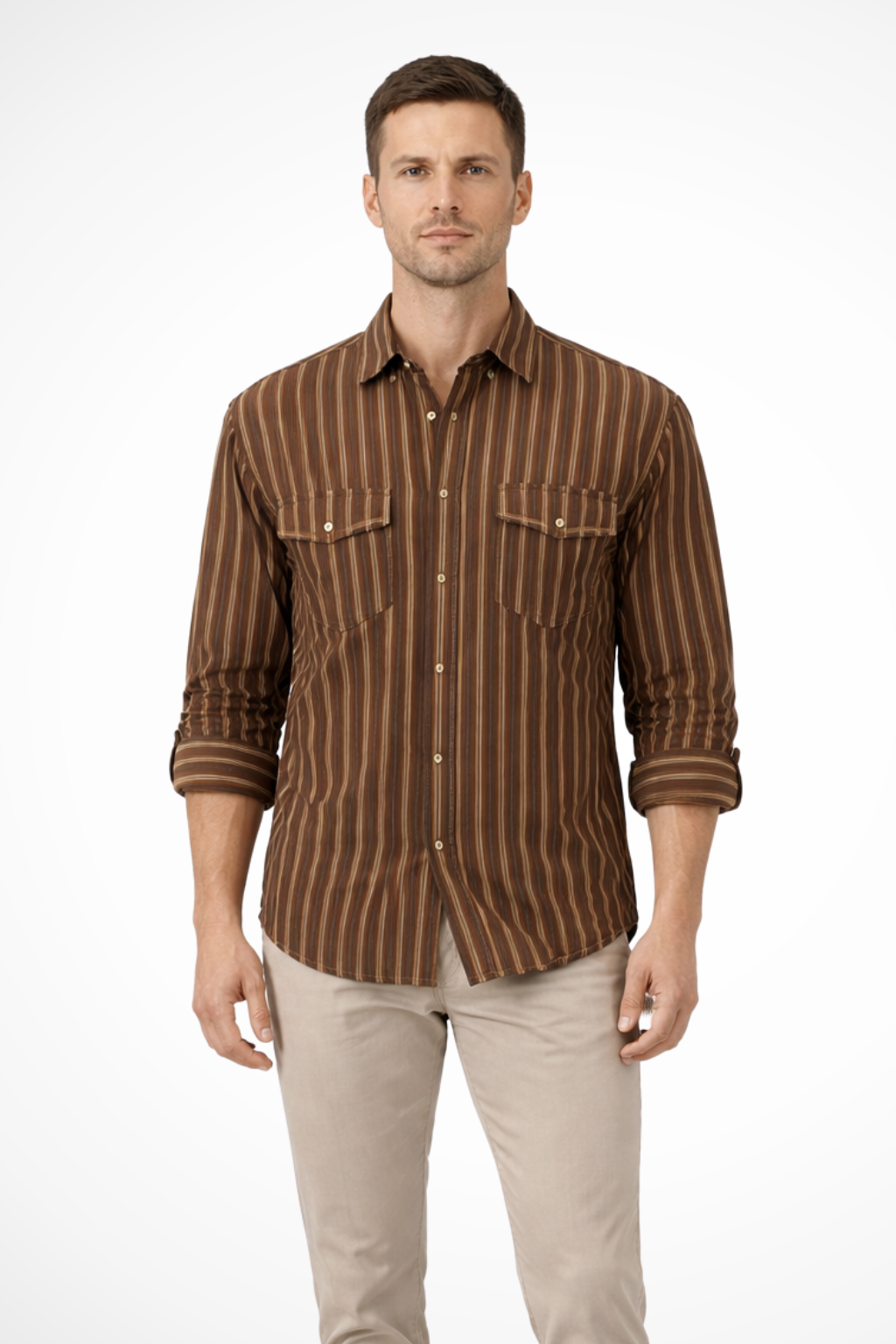 Men's Loose Fit Long Sleeve Washed Striped Shirt for Casual Wear