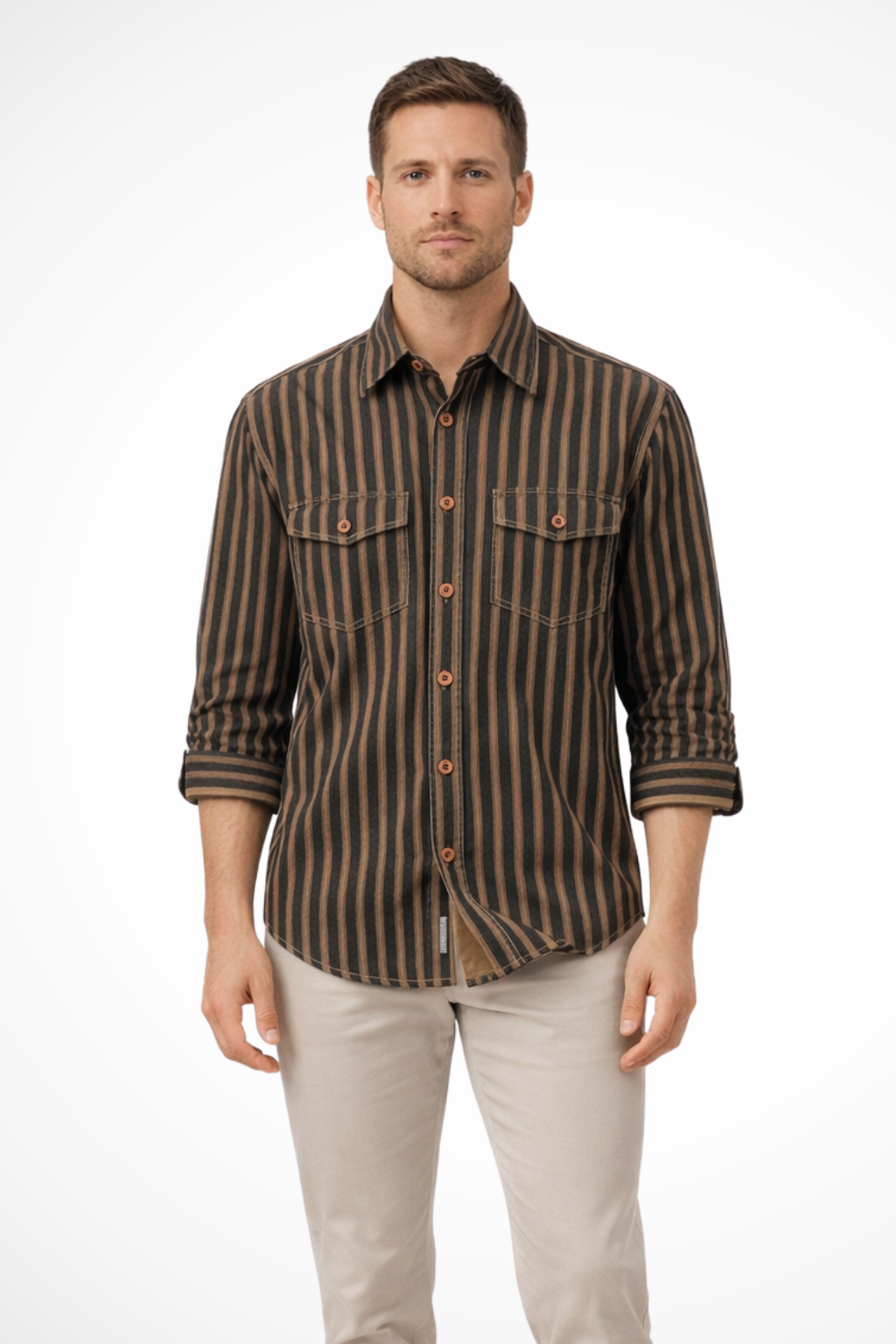 Men's Loose Fit Long Sleeve Washed Striped Shirt for Casual Wear