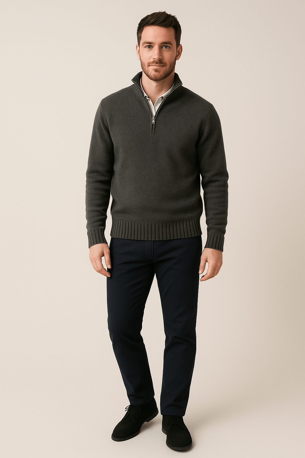 Men's Quarter-Zip Sweater with High Collar & Ribbed Knit for Casual Wear Charcoal