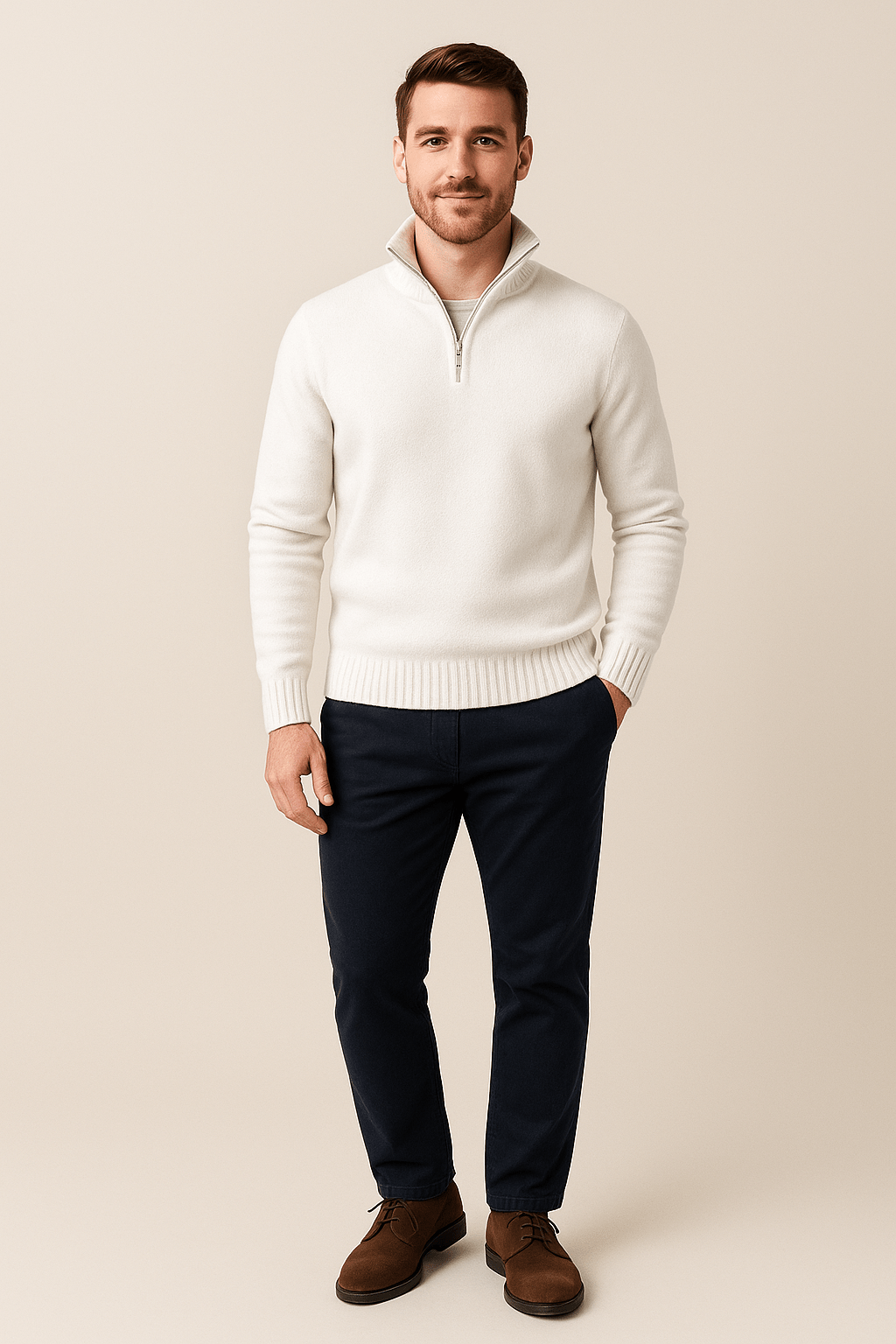 Men's Quarter-Zip Sweater with High Collar & Ribbed Knit for Casual Wear White
