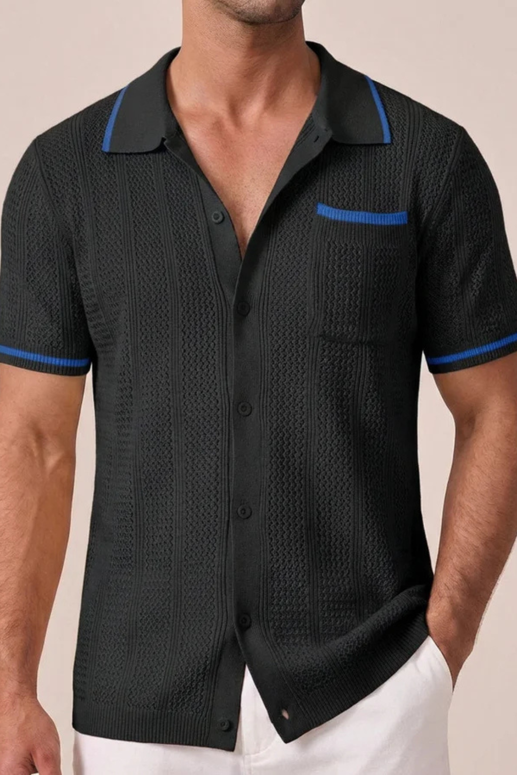 Men's Short Sleeve Camp Collar Knit Shirt with Contrast Trim for Casual Wear