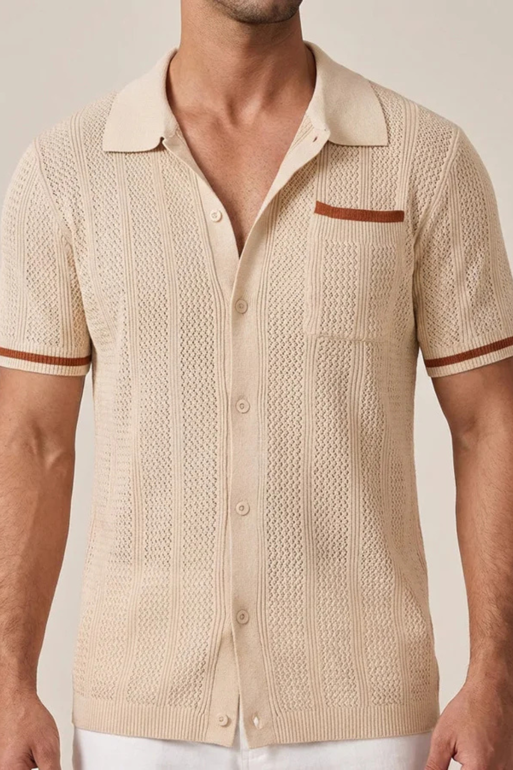 Men's Short Sleeve Camp Collar Knit Shirt with Contrast Trim for Casual Wear