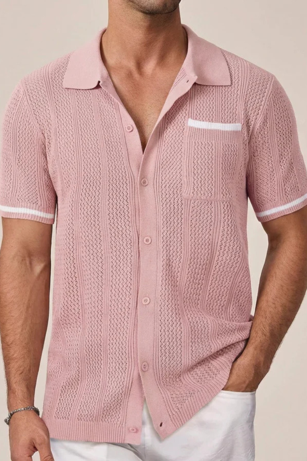 Men's Short Sleeve Camp Collar Knit Shirt with Contrast Trim for Casual Wear