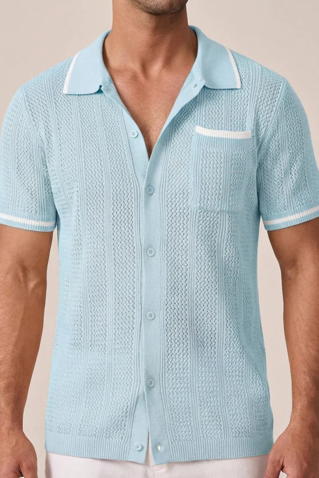 Men's Short Sleeve Camp Collar Knit Shirt with Contrast Trim for Casual Wear