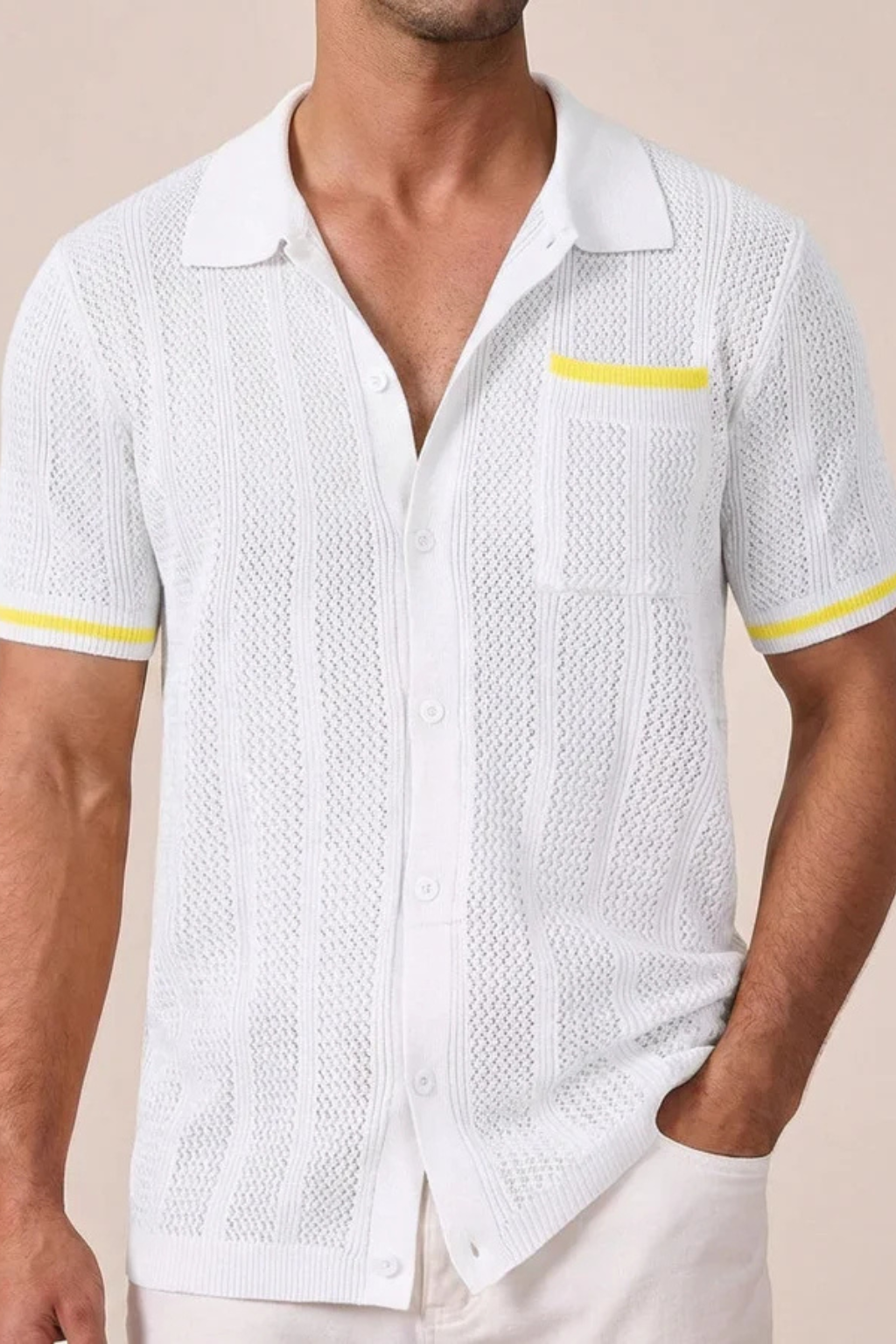 Men's Short Sleeve Camp Collar Knit Shirt with Contrast Trim for Casual Wear