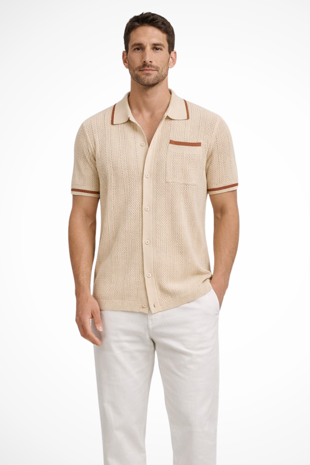 Men's Short Sleeve Camp Collar Knit Shirt with Contrast Trim for Casual Wear