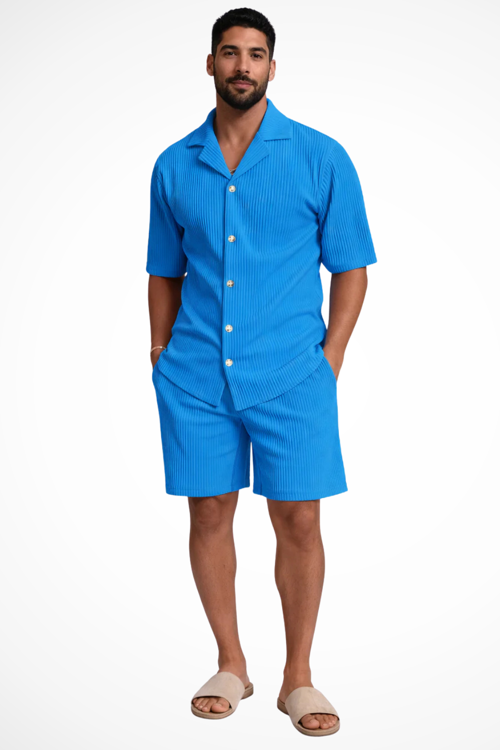Men's Short Sleeve Textured Shirt and Shorts Summer Outfit Set