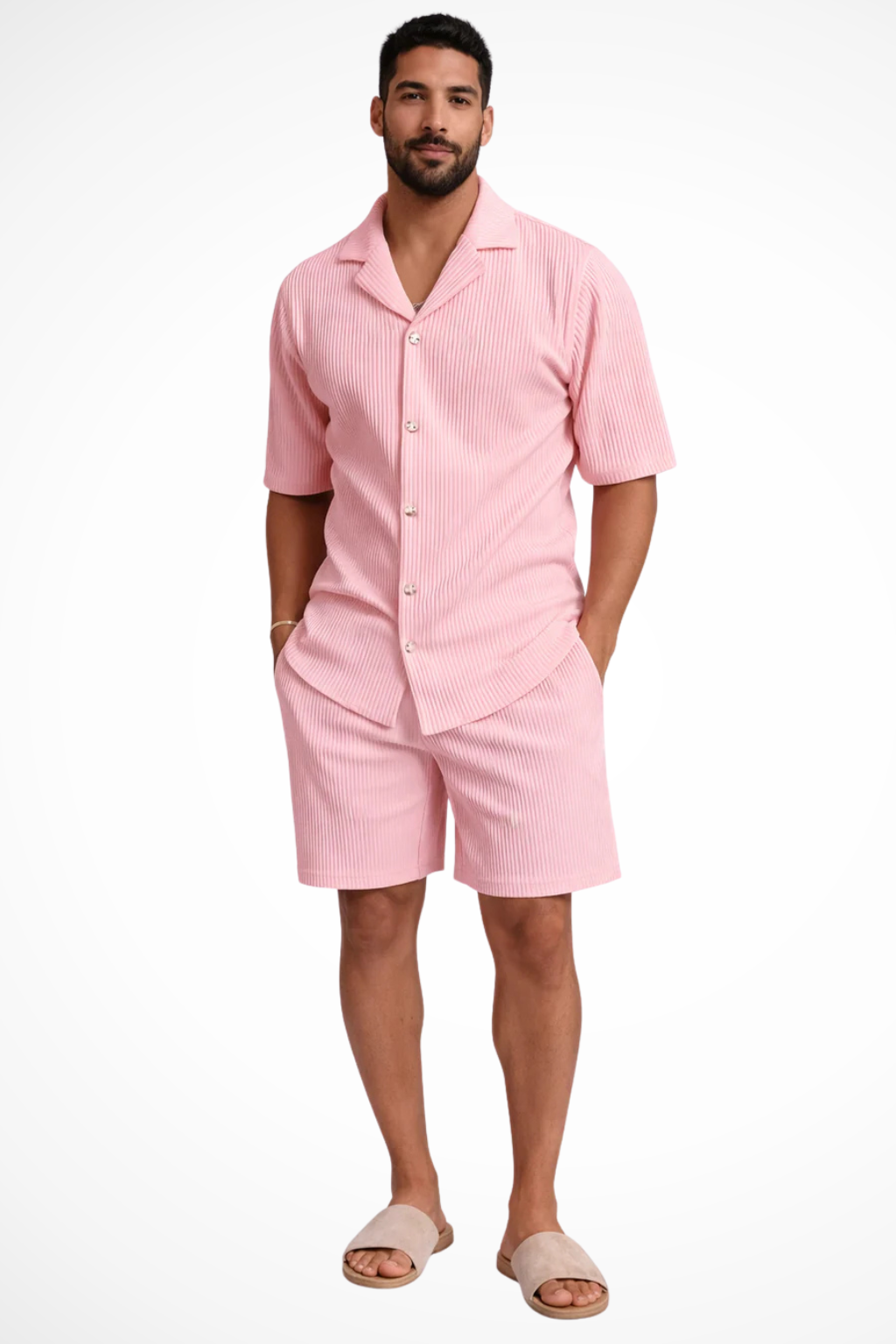Men's Short Sleeve Textured Shirt and Shorts Summer Outfit Set