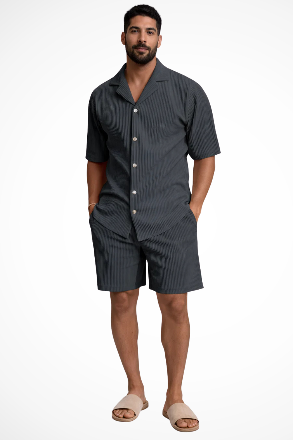 Men's Short Sleeve Textured Shirt and Shorts Summer Outfit Set