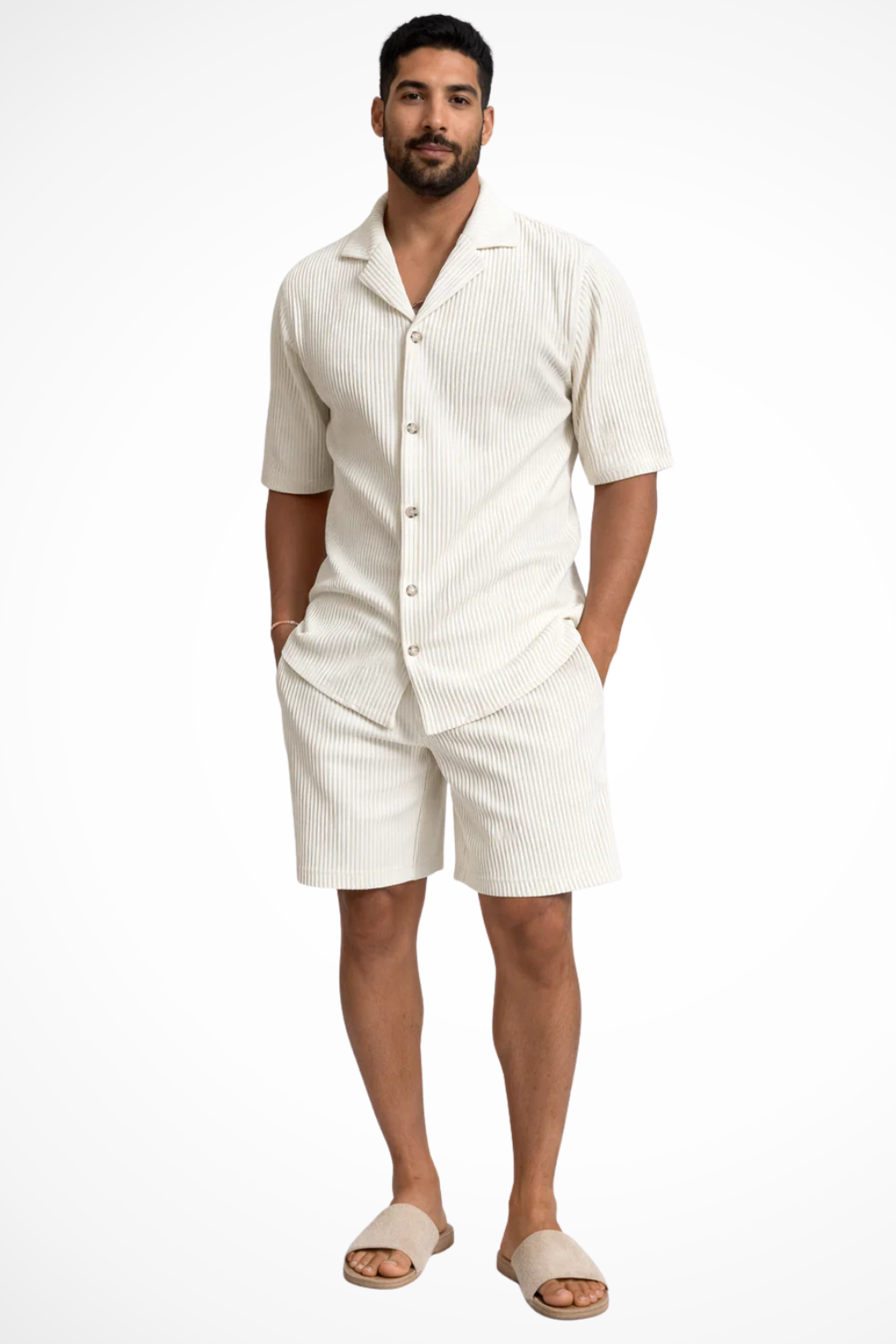 Men's Short Sleeve Textured Shirt and Shorts Summer Outfit Set