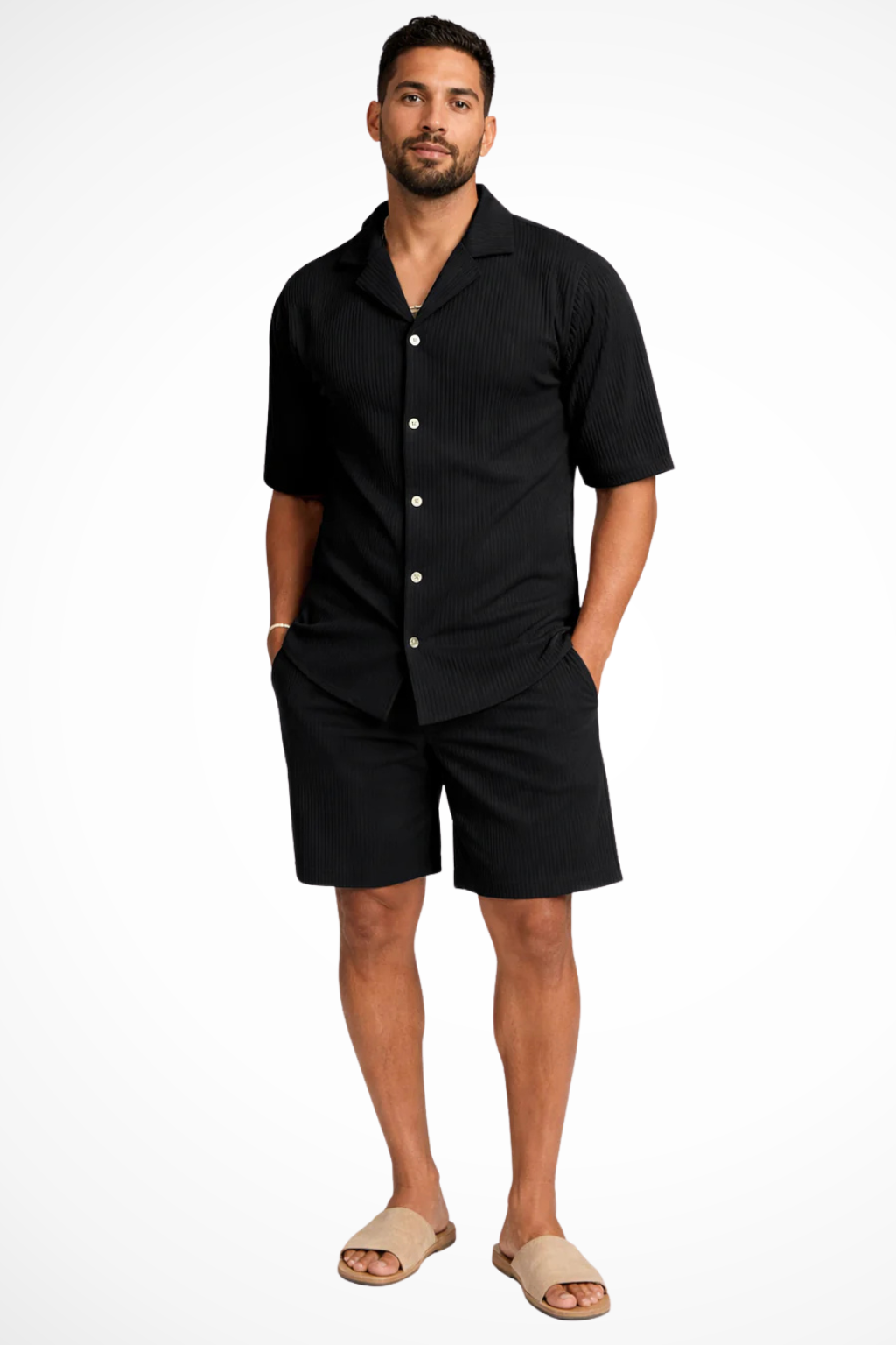 Men's Short Sleeve Textured Shirt and Shorts Summer Outfit Set