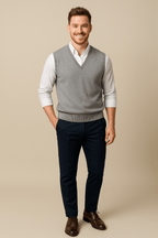 Men's Sleeveless V-Neck Fine Knit Sweater with Ribbed Trim for Casual Wear Grey