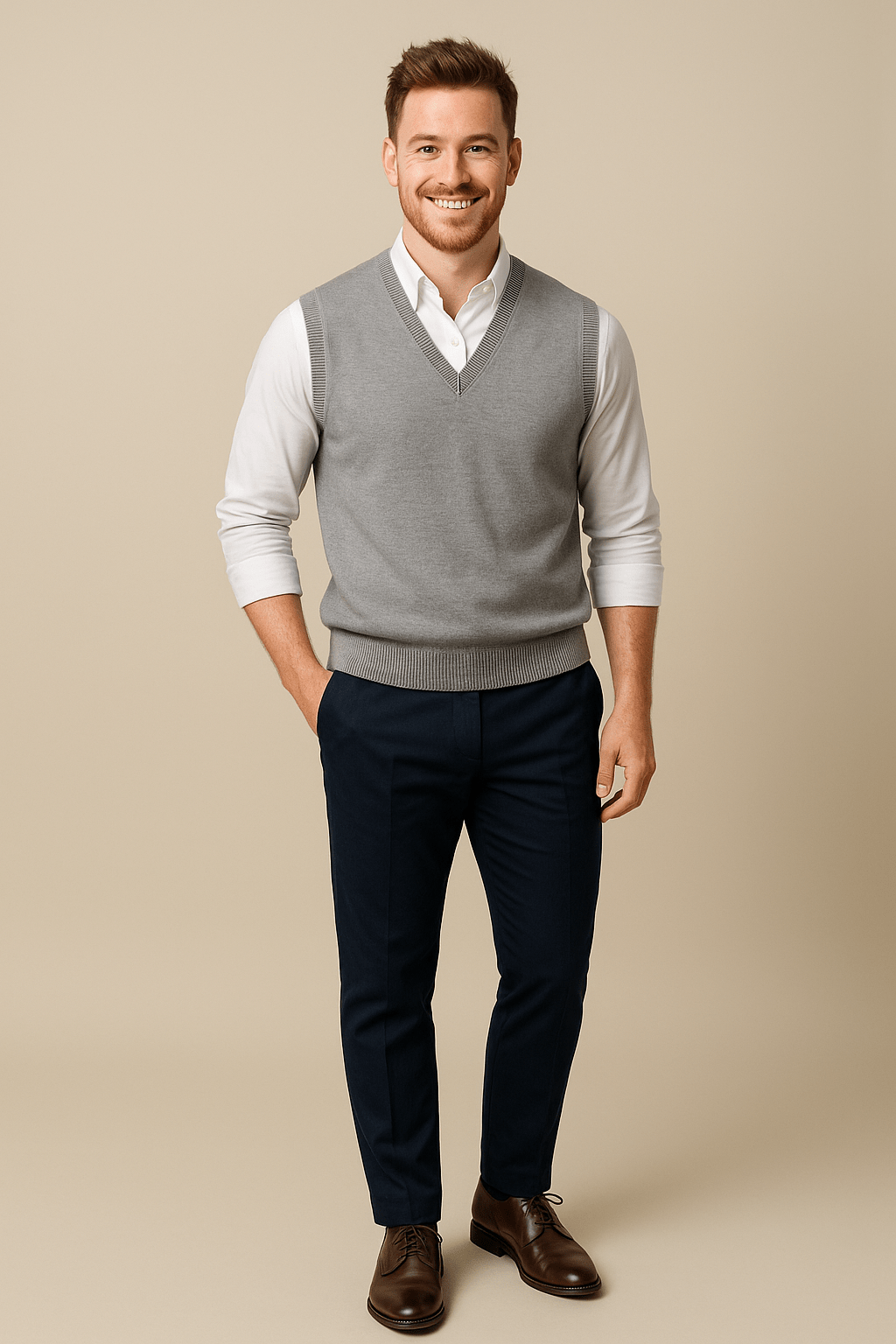 Men's Sleeveless V-Neck Fine Knit Sweater with Ribbed Trim for Casual Wear Grey